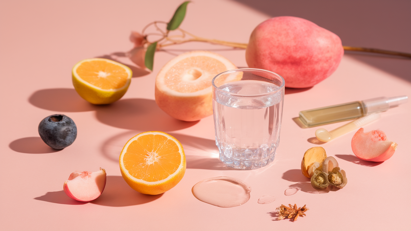 Žena s krásnou zářivou pletí drží zdravé potraviny